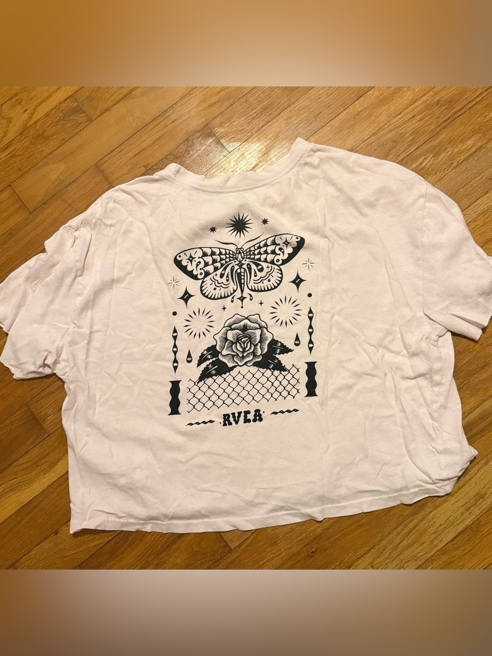 RVCA Light Pink Loose Short Sleeve Tee with Black Moth & Rose Graphic